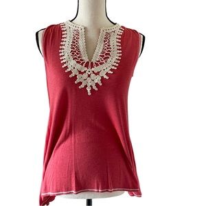 Max Studio Womens Coral Sleeveless Split Neck Embroidered Tunic /Tank Top
